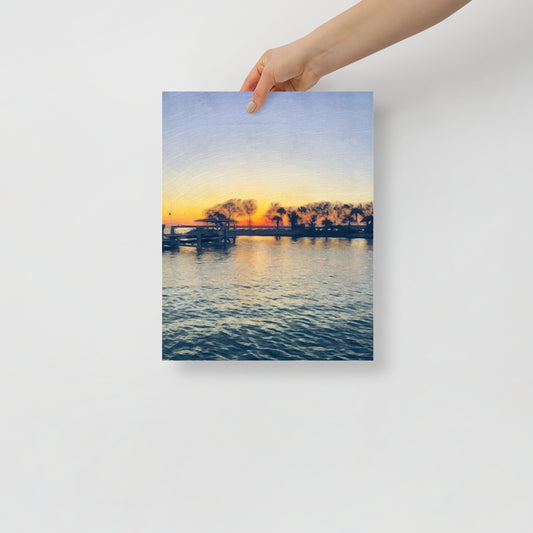 Sunset at Brams Point art print featuring Hilton Head coastal sunset with soft pink and orange tones, displayed in cozy living room decor.