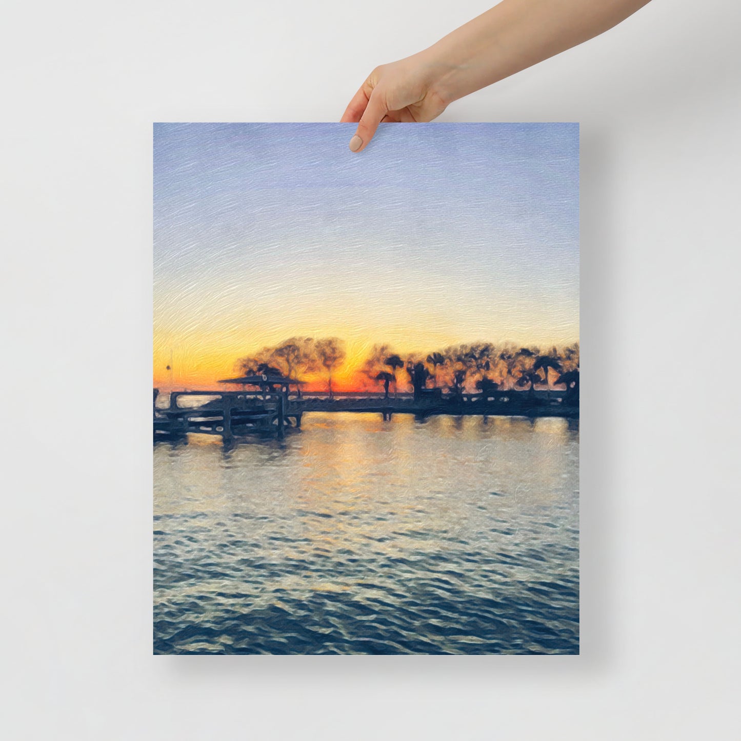 Close-up of Sunset at Brams Point print, highlighting serene sunset colors over calm water for tranquil decor.