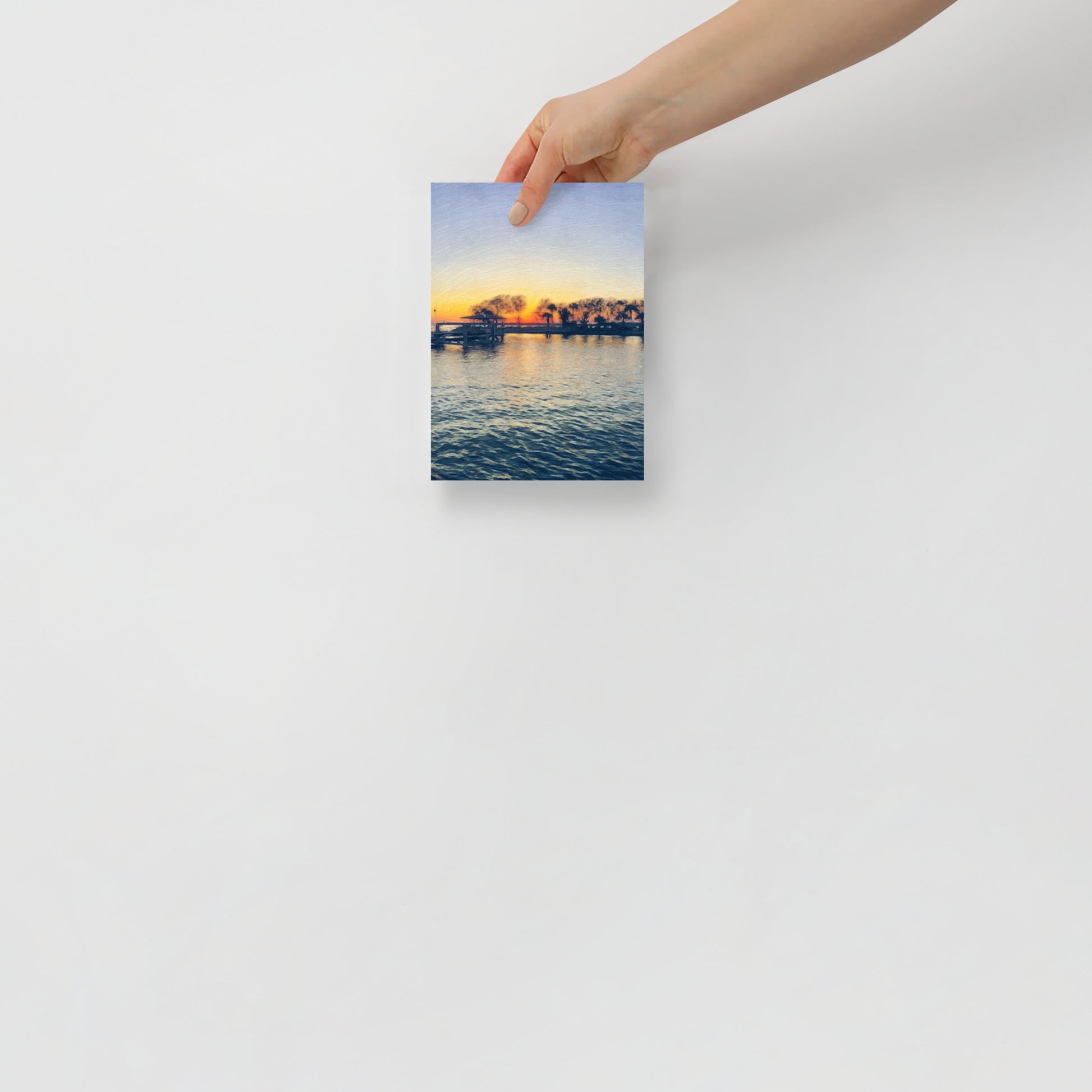 Sunset at Brams Point print with soft evening sky and ocean view, displayed in nature-inspired home office decor.