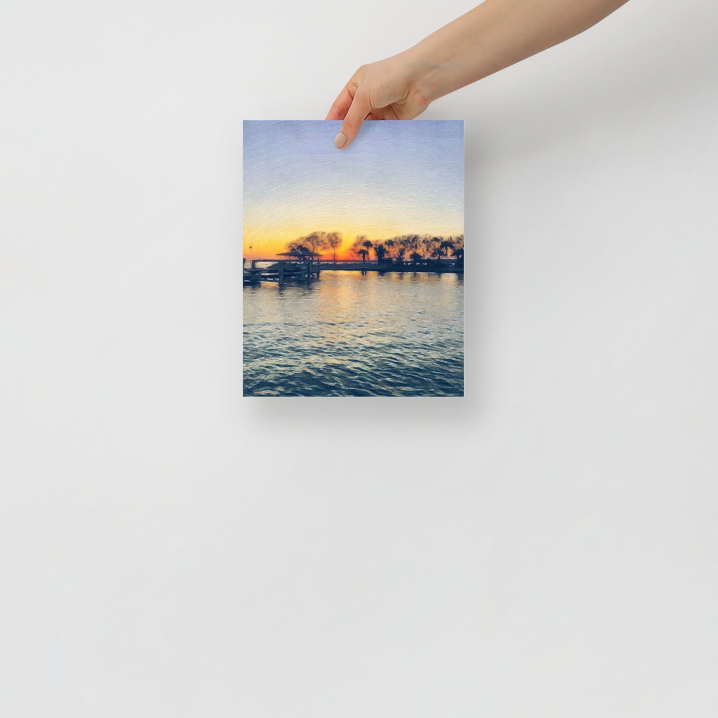 Hilton Head Island sunset art print, Sunset at Brams Point, adding peaceful coastal landscape to a modern bedroom setting.