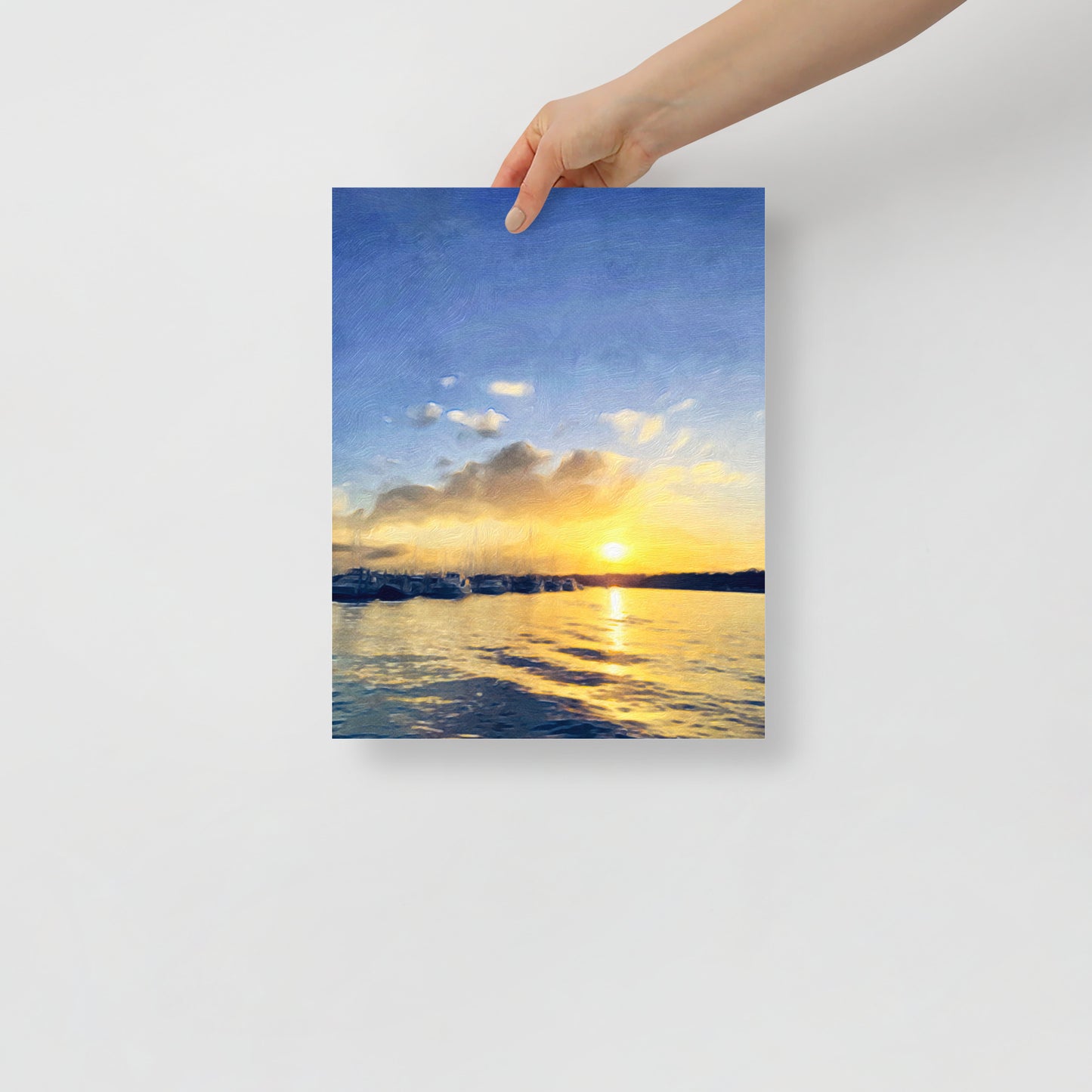 Sunset at Broad Creek Marina art print with Hilton Head marina scene at dusk, for coastal-inspired living room decor.