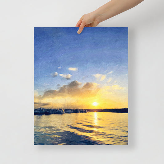 Close-up of Sunset at Broad Creek Marina print, highlighting warm sunset hues and tranquil water reflections.