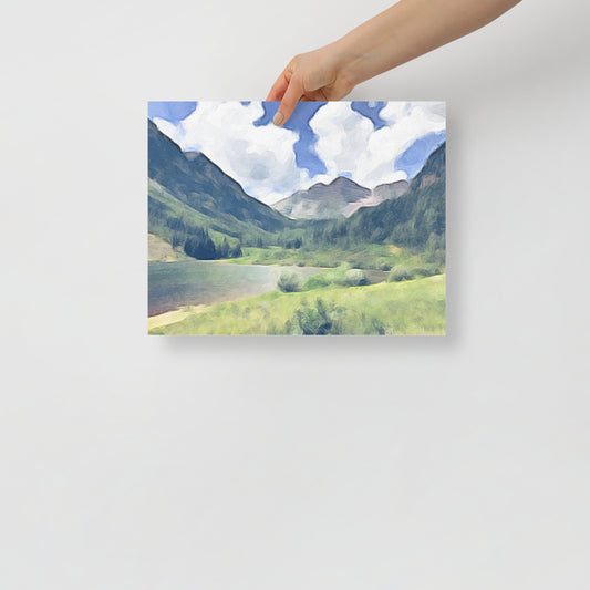 The Bells Rang Loud with Peace Colorado mountain art print featuring Maroon Bells reflected on a calm lake.