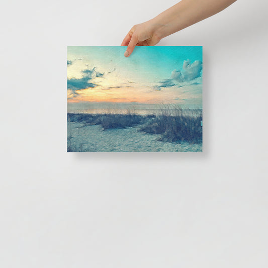 The Path to Light art print featuring an inspiring Hilton Head sunrise with soft blue and yellow hues, for coastal-inspired living room decor.