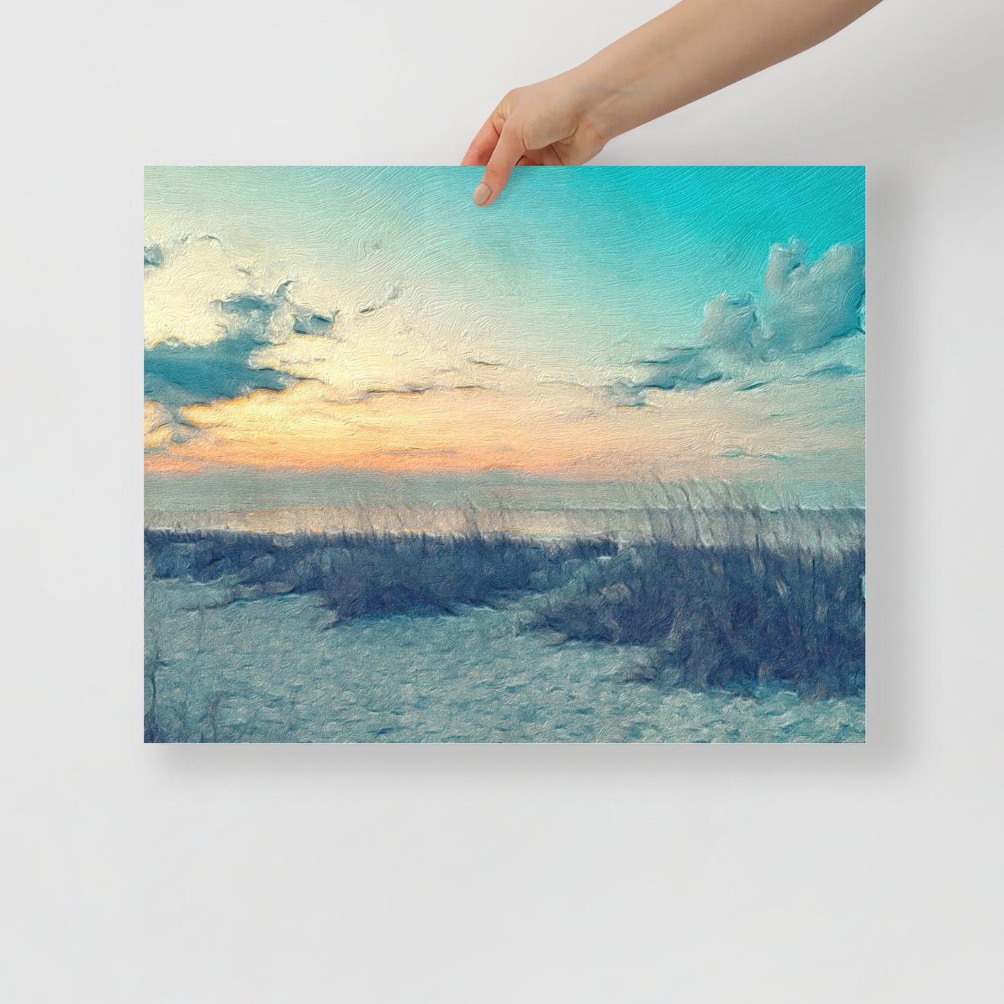 Close-up of The Path to Light print, highlighting sunrise reflections on the ocean and gentle morning light for serene wall decor.