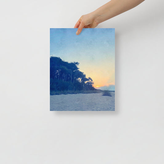 The Sun Will Come Back, I Tell Myself Again sunset art print featuring Hilton Head landscape in warm, hopeful tones, displayed in coastal living room.