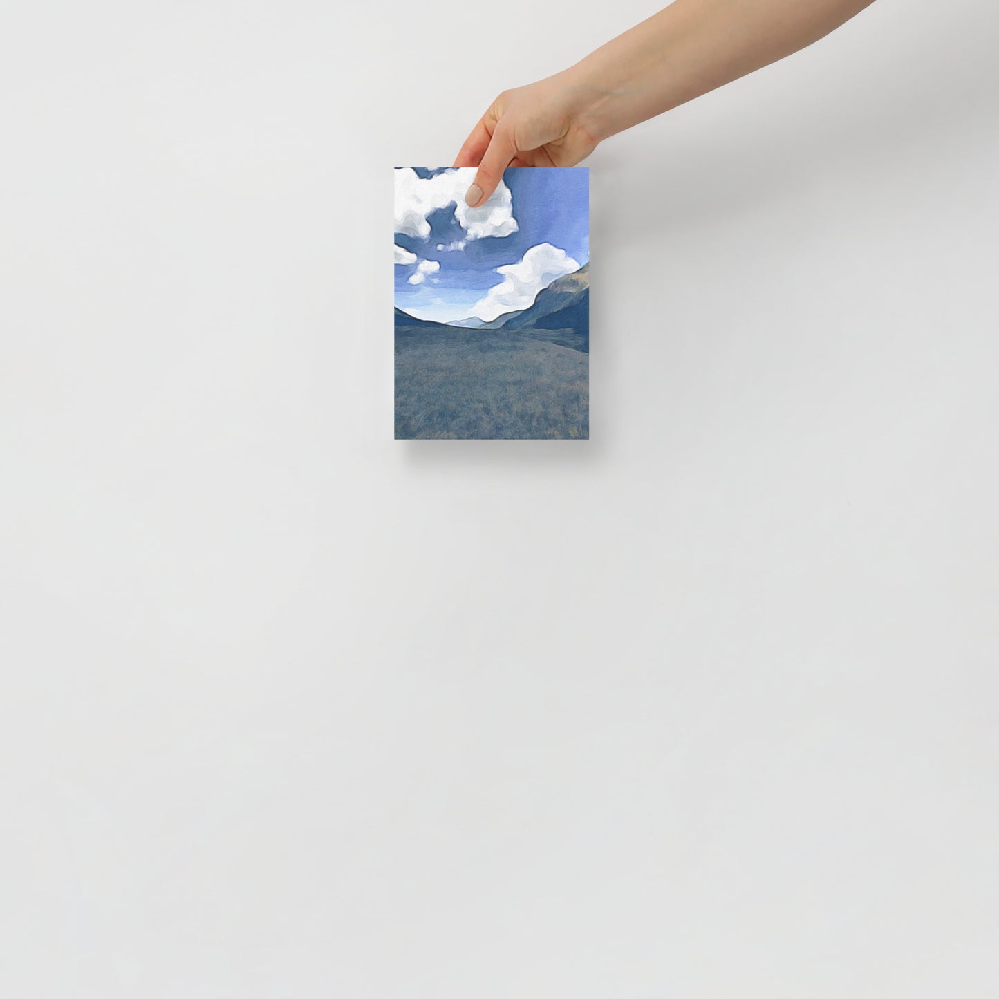 Mountain landscape art, Trying to Climb Above the Wound, for modern bedroom with soft lighting and peaceful decor.