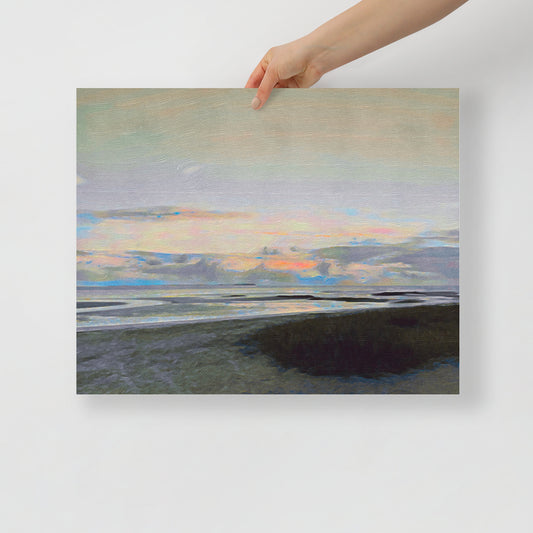 Whispers of a New Day coastal sunrise art print in beach-inspired living room decor.